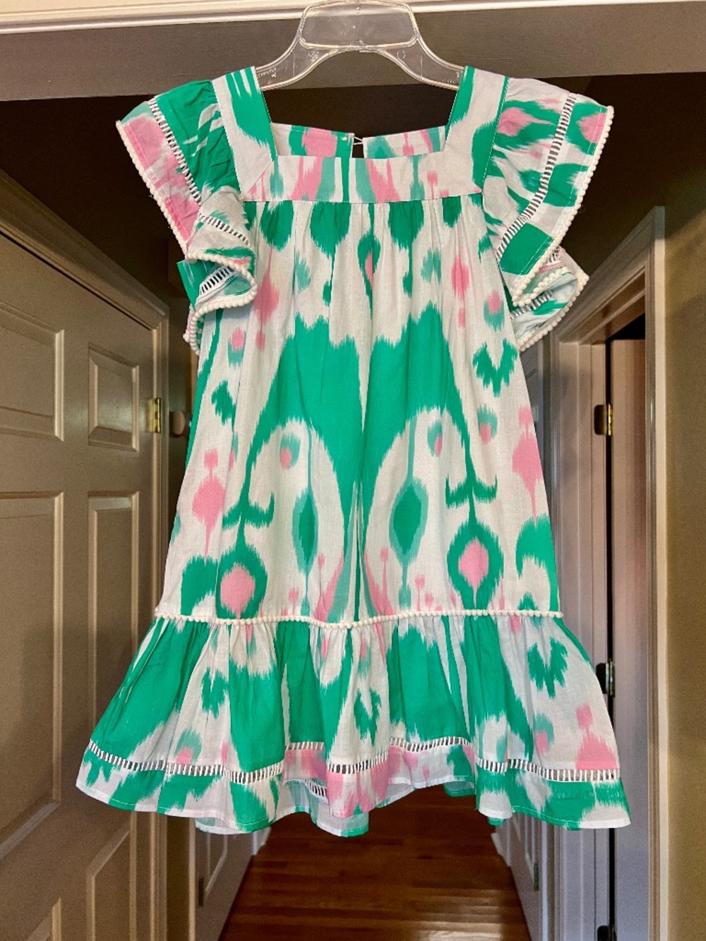 NWOT Girl's Sheridan French Green Pink White Ikat Flutter Sleeve Dress Size 6